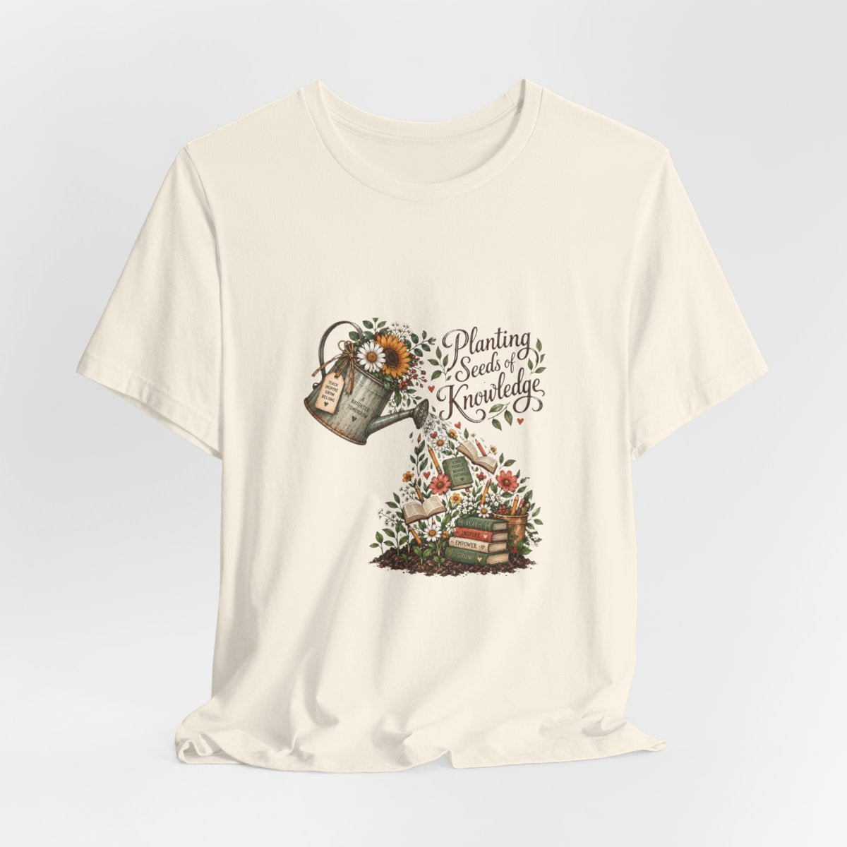 Planting Seeds of Knowledge T-Shirt | Watering Can, Books, Floral Illustration