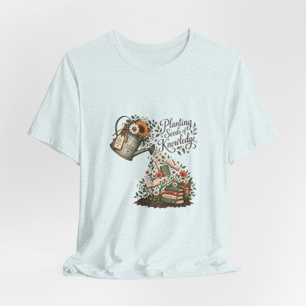 Planting Seeds of Knowledge T-Shirt | Watering Can, Books, Floral Illustration