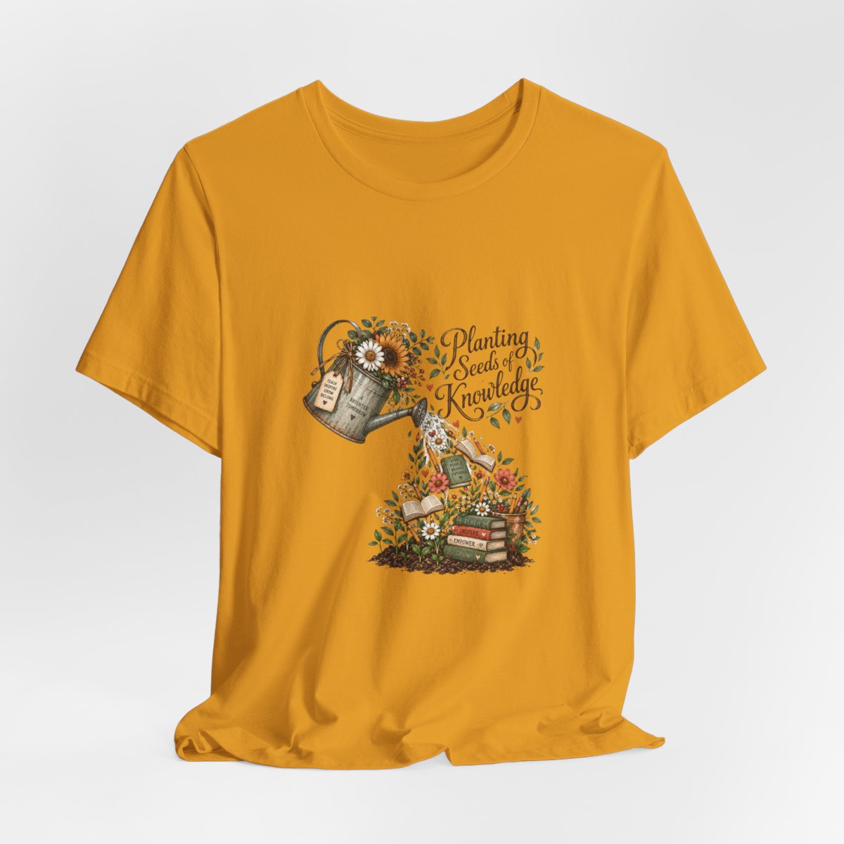 Planting Seeds of Knowledge T-Shirt | Watering Can, Books, Floral Illustration