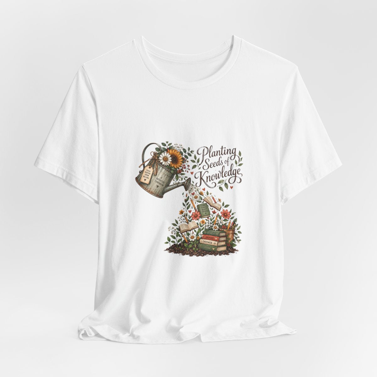 Planting Seeds of Knowledge T-Shirt | Watering Can, Books, Floral Illustration