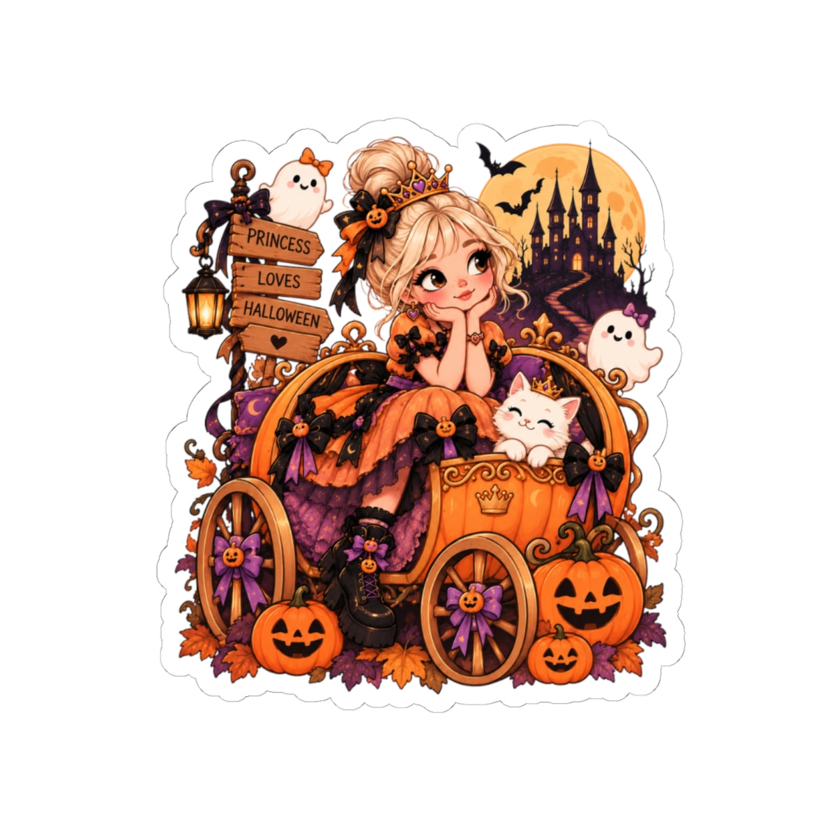 Pumpkin Carriage Princess Sticker, Cute Halloween Storybook Decal