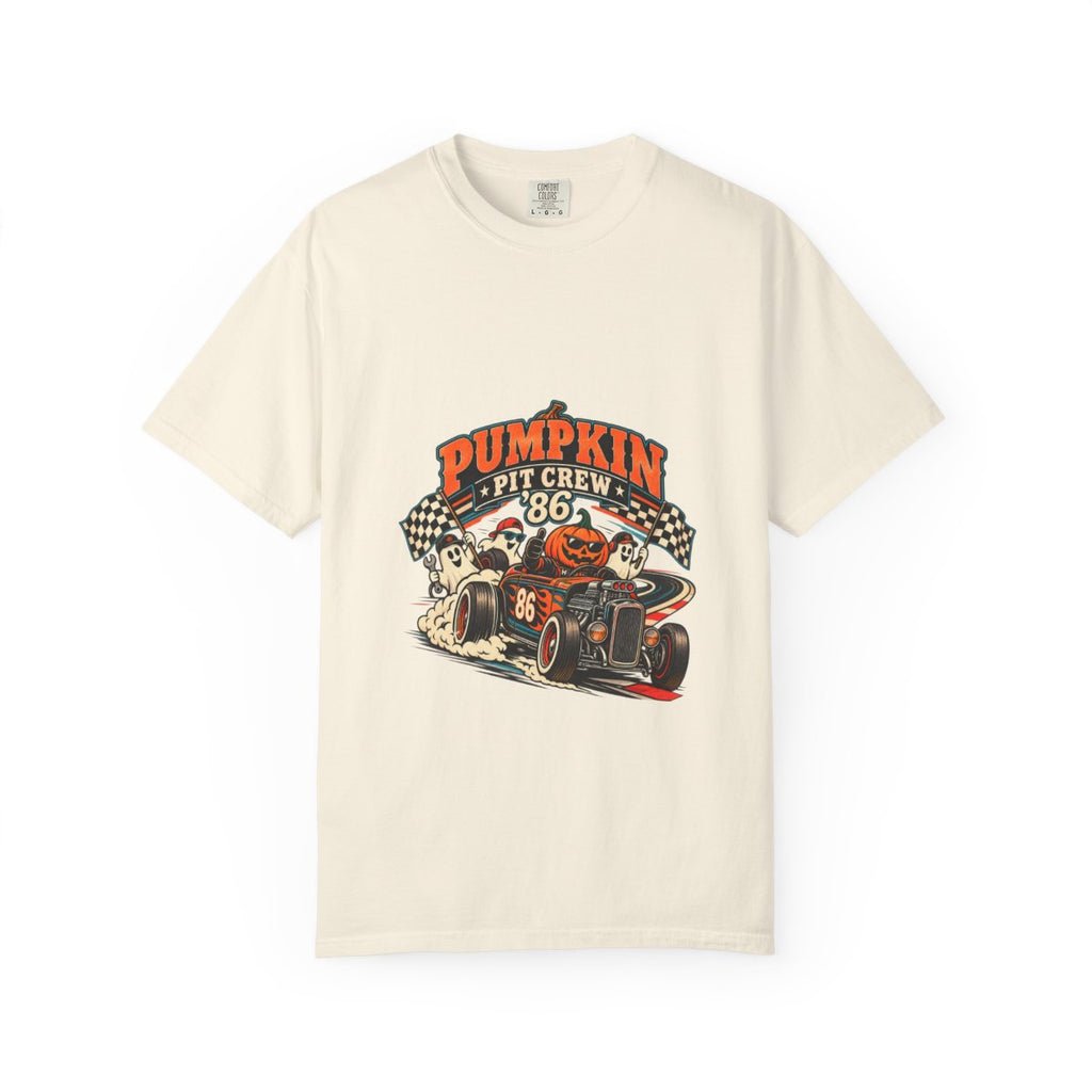 Pumpkin Pit Crew Racing Pumpkin Graphic T-Shirt | Halloween Car Illustration