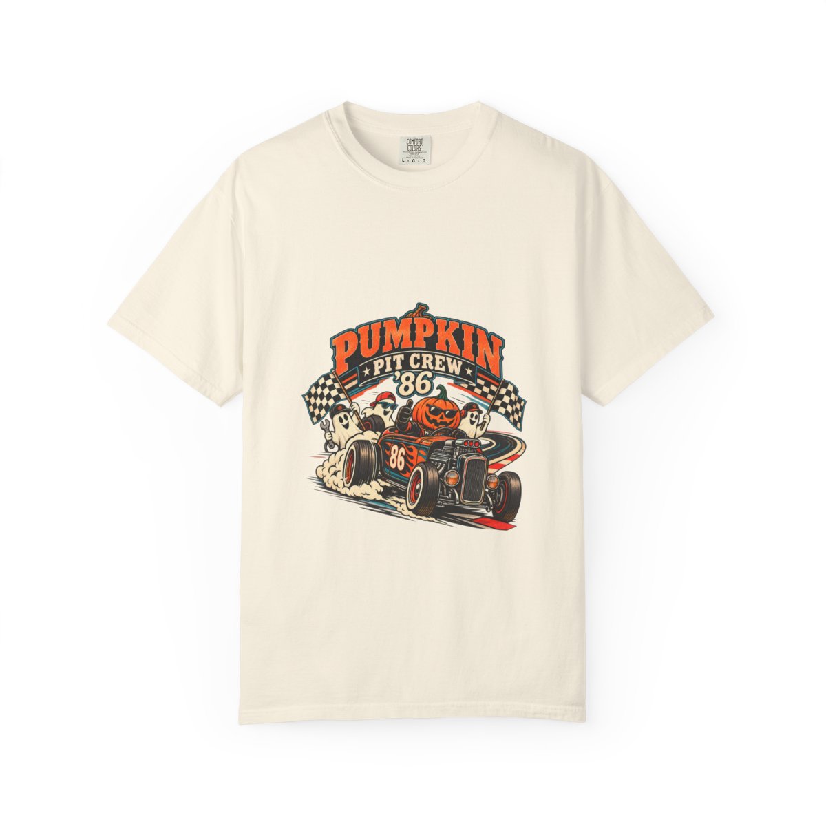 Pumpkin Pit Crew Racing Pumpkin Graphic T-Shirt | Halloween Car Illustration