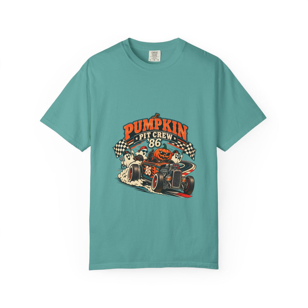 Pumpkin Pit Crew Racing Pumpkin Graphic T-Shirt | Halloween Car Illustration