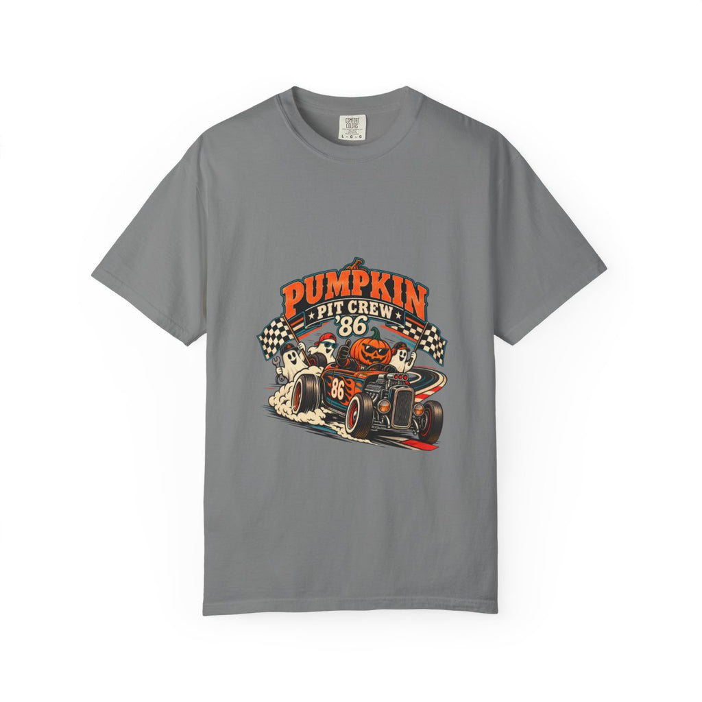 Pumpkin Pit Crew Racing Pumpkin Graphic T-Shirt | Halloween Car Illustration