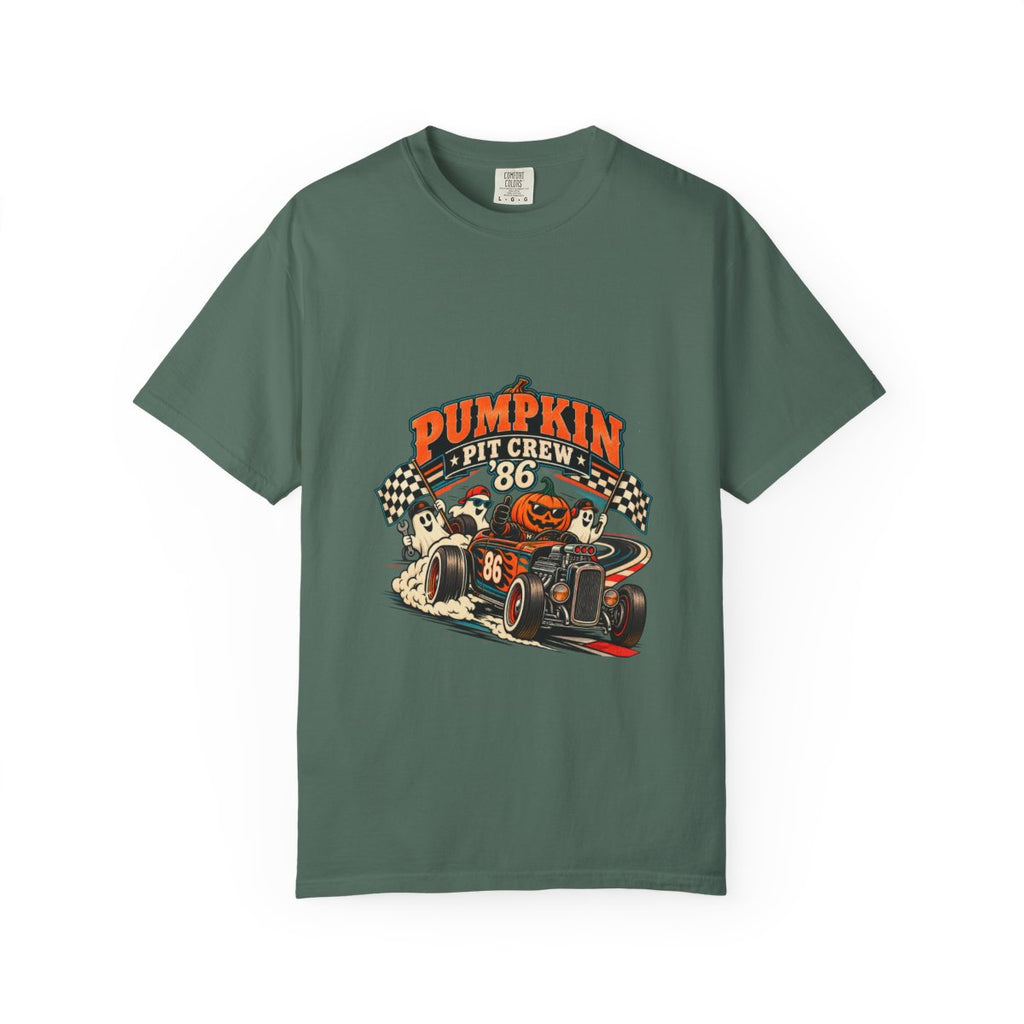 Pumpkin Pit Crew Racing Pumpkin Graphic T-Shirt | Halloween Car Illustration