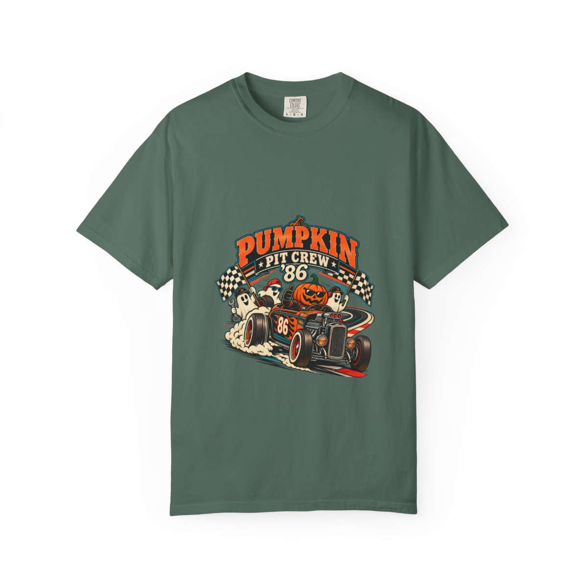 Pumpkin Pit Crew Racing Pumpkin Graphic T-Shirt | Halloween Car Illustration