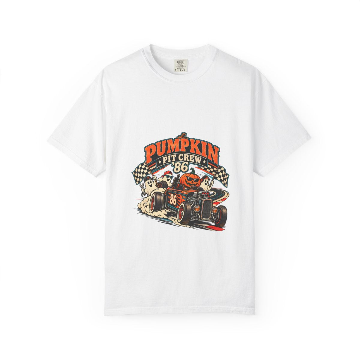 Pumpkin Pit Crew Racing Pumpkin Graphic T-Shirt | Halloween Car Illustration
