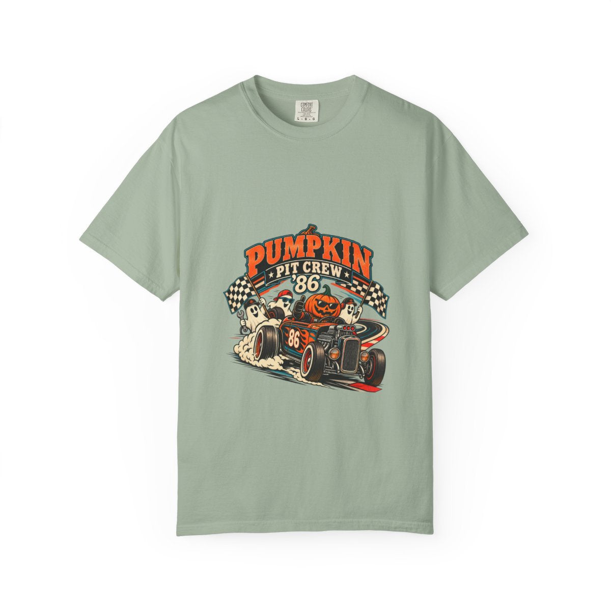 Pumpkin Pit Crew Racing Pumpkin Graphic T-Shirt | Halloween Car Illustration