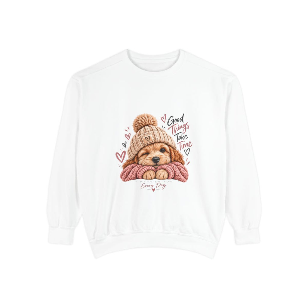 Puppy in Knit Hat sweatshirt | "Good Things Take Time" cozy dog illustration