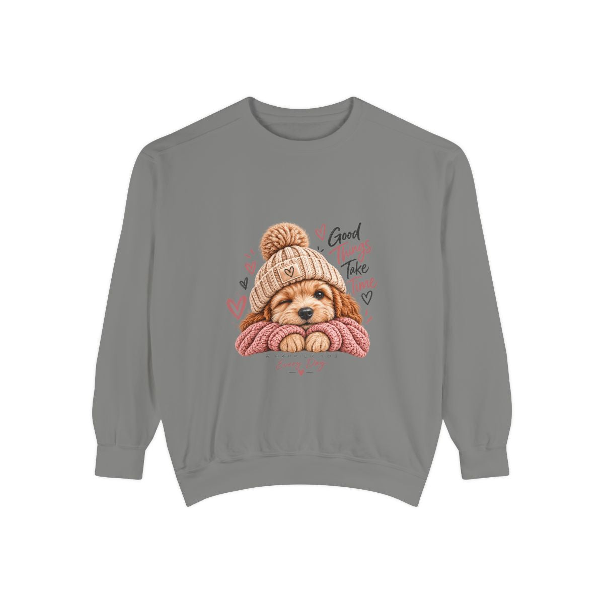 Puppy in Knit Hat sweatshirt | "Good Things Take Time" cozy dog illustration