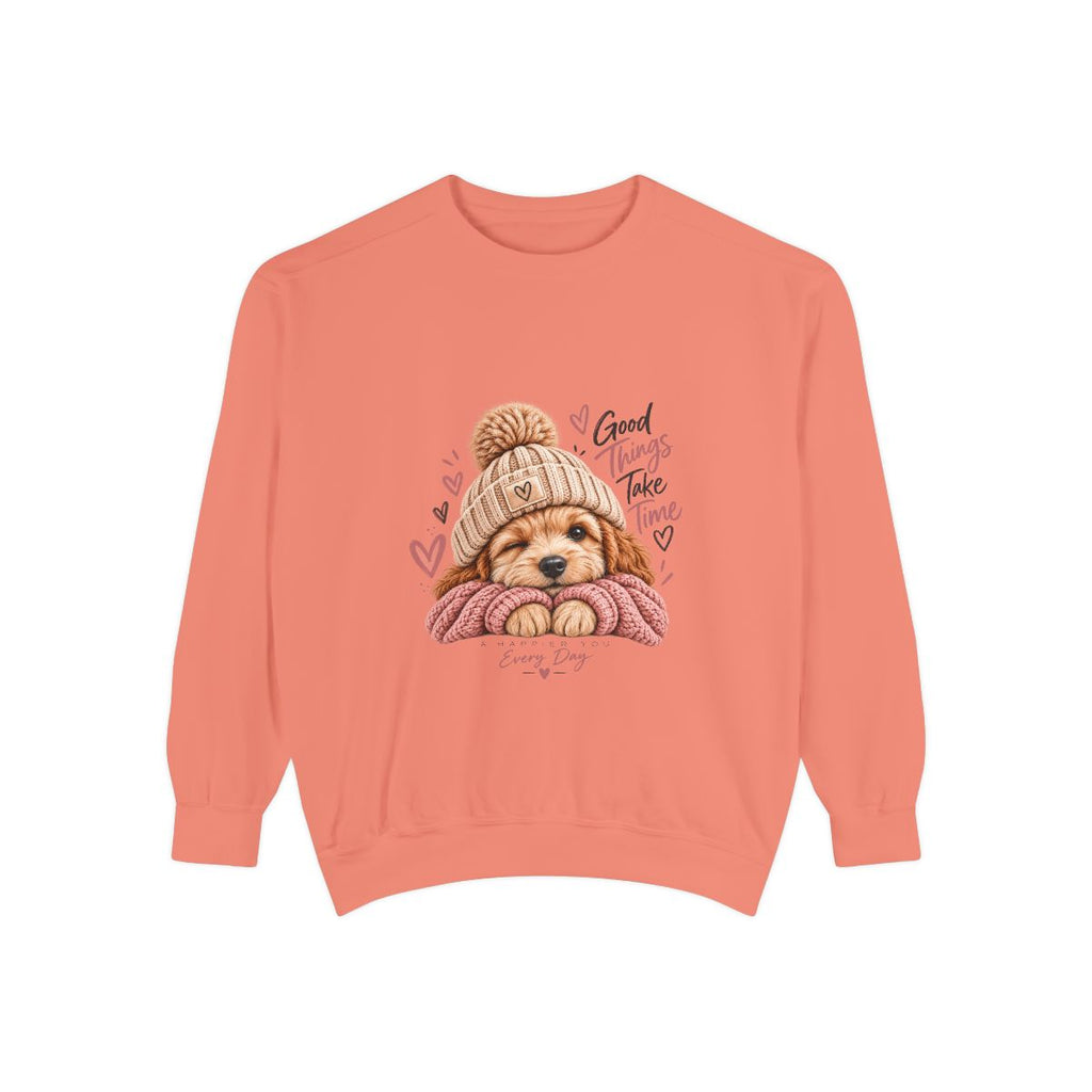 Puppy in Knit Hat sweatshirt | "Good Things Take Time" cozy dog illustration