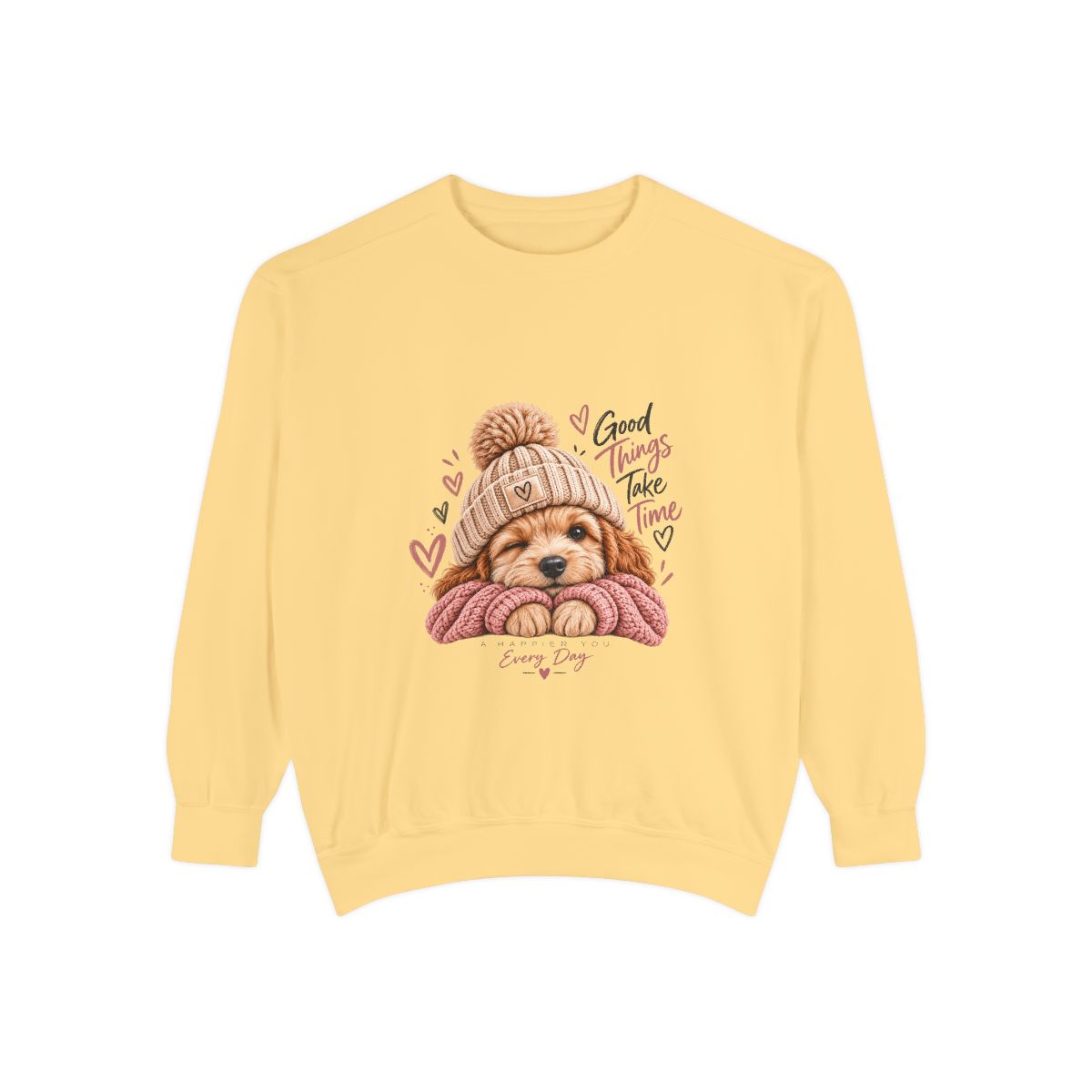 Puppy in Knit Hat sweatshirt | "Good Things Take Time" cozy dog illustration