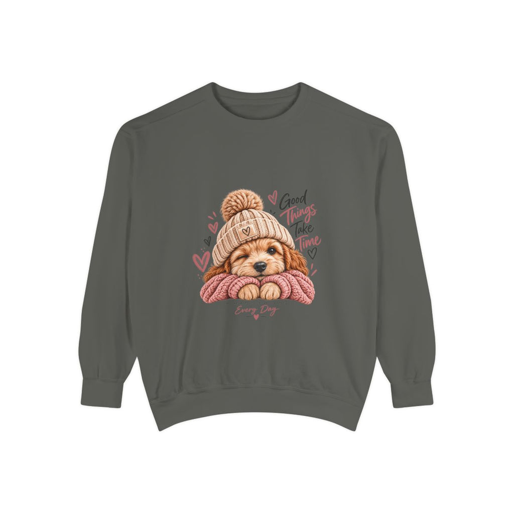 Puppy in Knit Hat sweatshirt | "Good Things Take Time" cozy dog illustration
