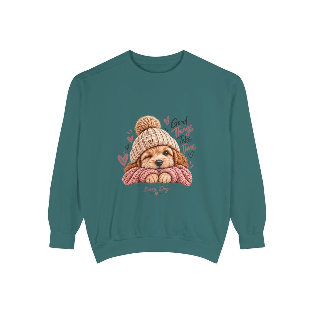 Puppy in Knit Hat sweatshirt | "Good Things Take Time" cozy dog illustration