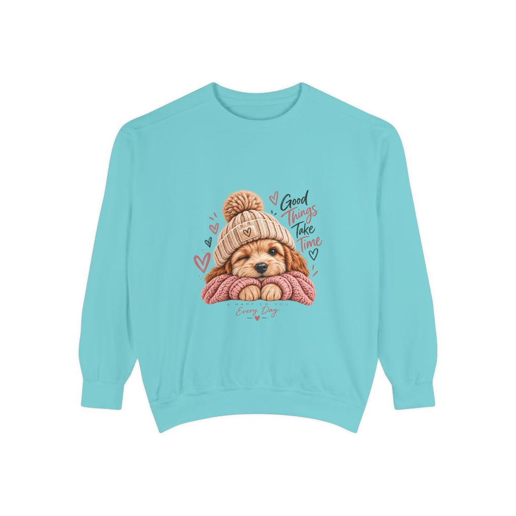 Puppy in Knit Hat sweatshirt | "Good Things Take Time" cozy dog illustration