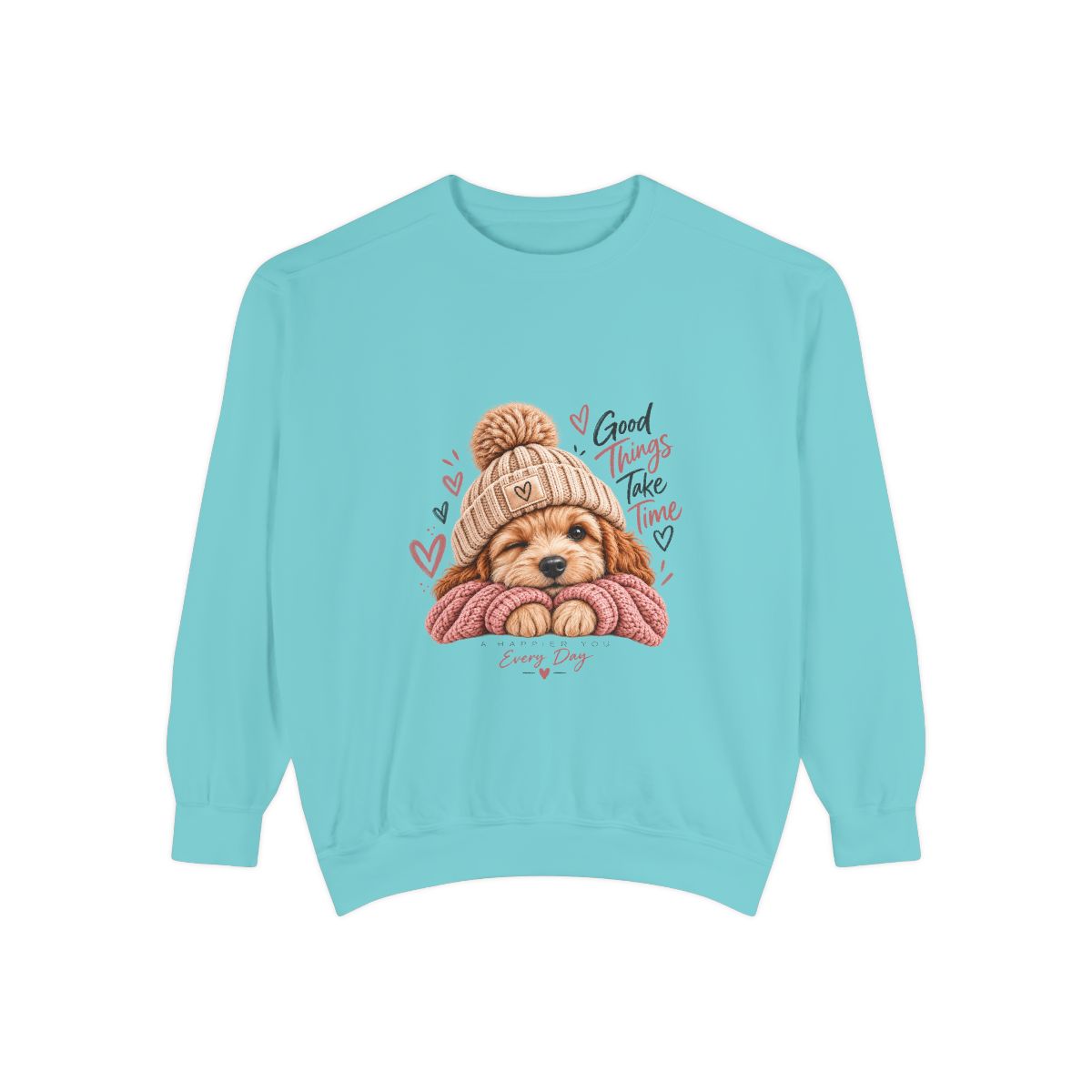 Puppy in Knit Hat sweatshirt | "Good Things Take Time" cozy dog illustration