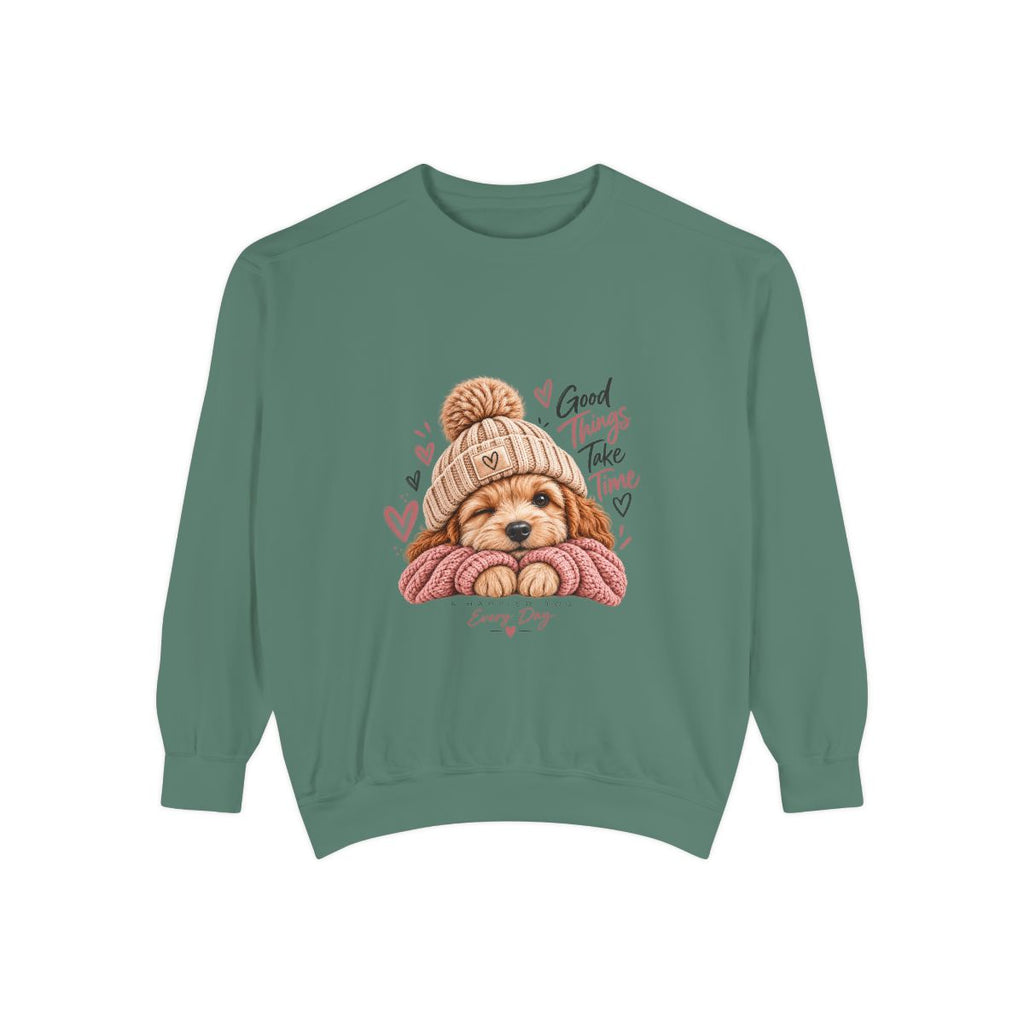 Puppy in Knit Hat sweatshirt | "Good Things Take Time" cozy dog illustration
