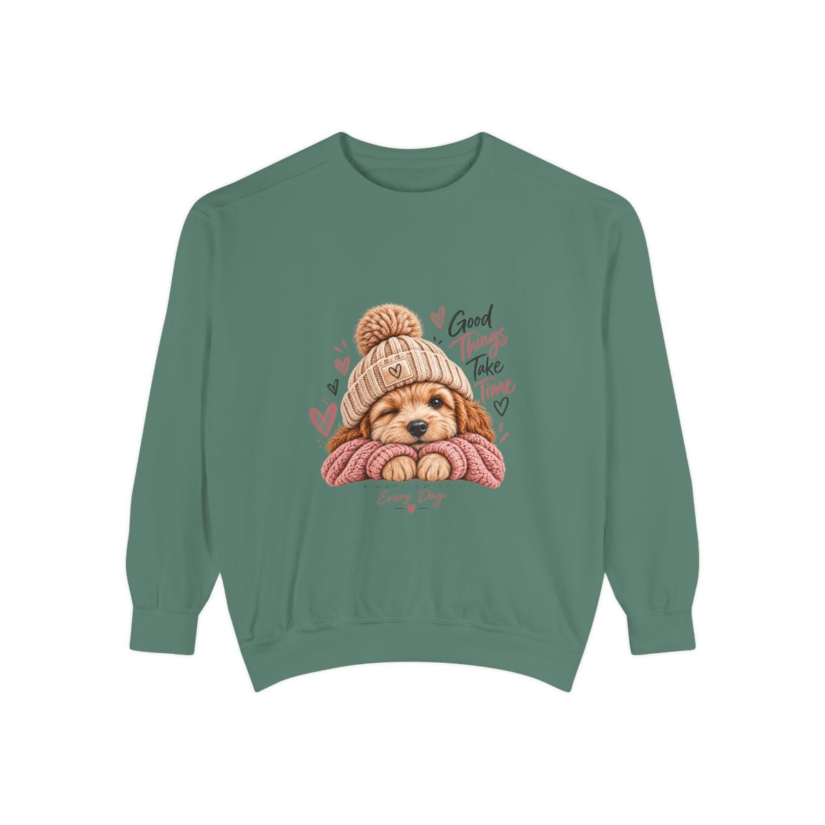 Puppy in Knit Hat sweatshirt | "Good Things Take Time" cozy dog illustration