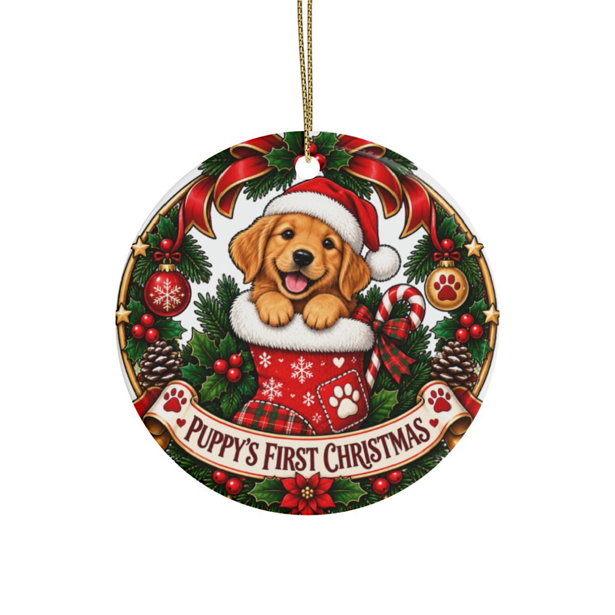 Puppy's First Christmas Ceramic Ornament | Round Holiday Tree Decoration