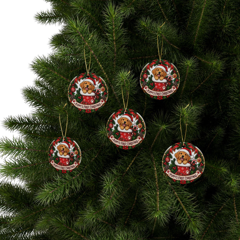 Puppy's First Christmas Ceramic Ornament | Round Holiday Tree Decoration