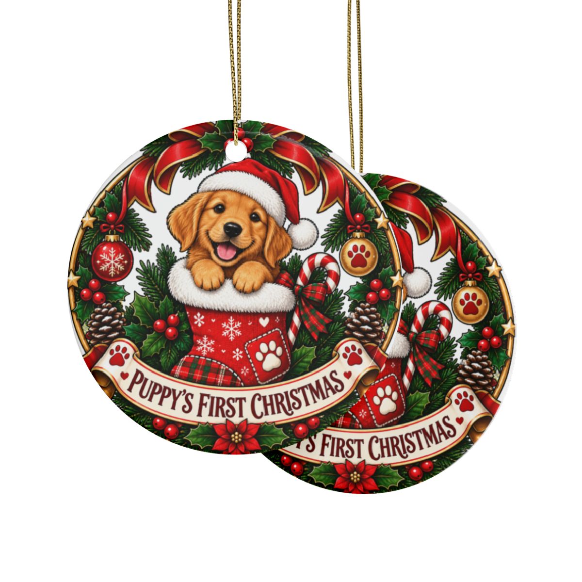 Puppy's First Christmas Ceramic Ornament | Round Holiday Tree Decoration