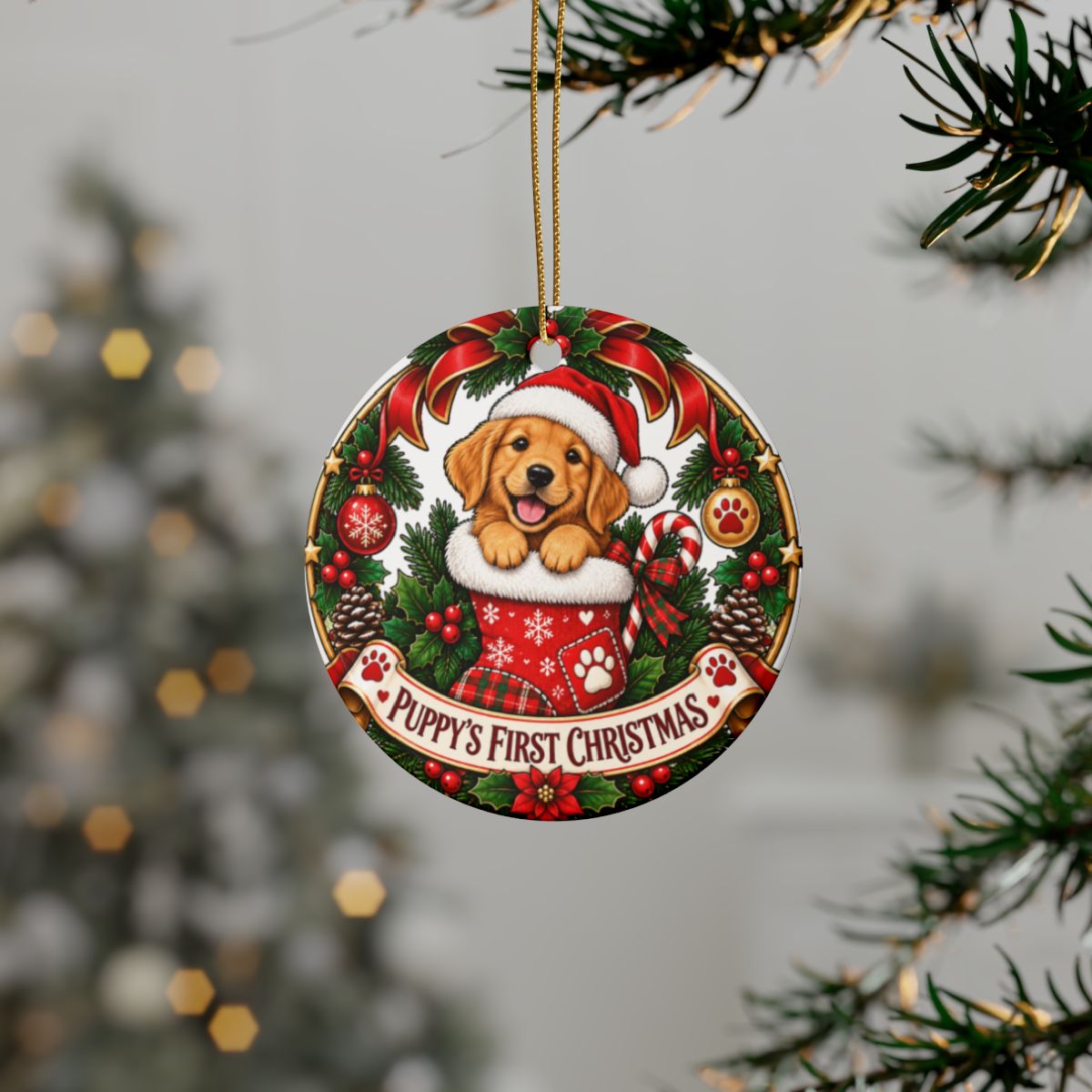 Puppy's First Christmas Ceramic Ornament | Round Holiday Tree Decoration