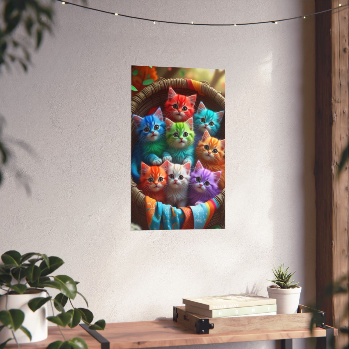 Rainbow Kittens Matte Vertical Poster | Colorful Cat Basket Wall Art