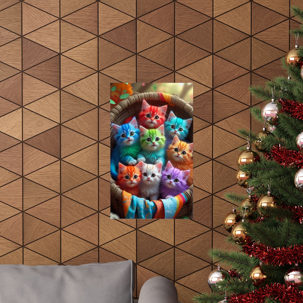 Rainbow Kittens Matte Vertical Poster | Colorful Cat Basket Wall Art