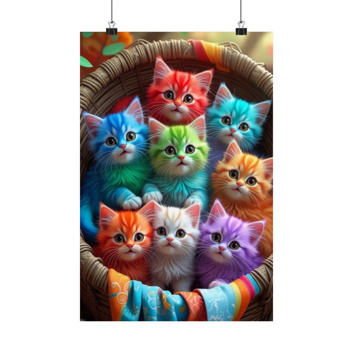Rainbow Kittens Matte Vertical Poster | Colorful Cat Basket  - 12″ x 18″