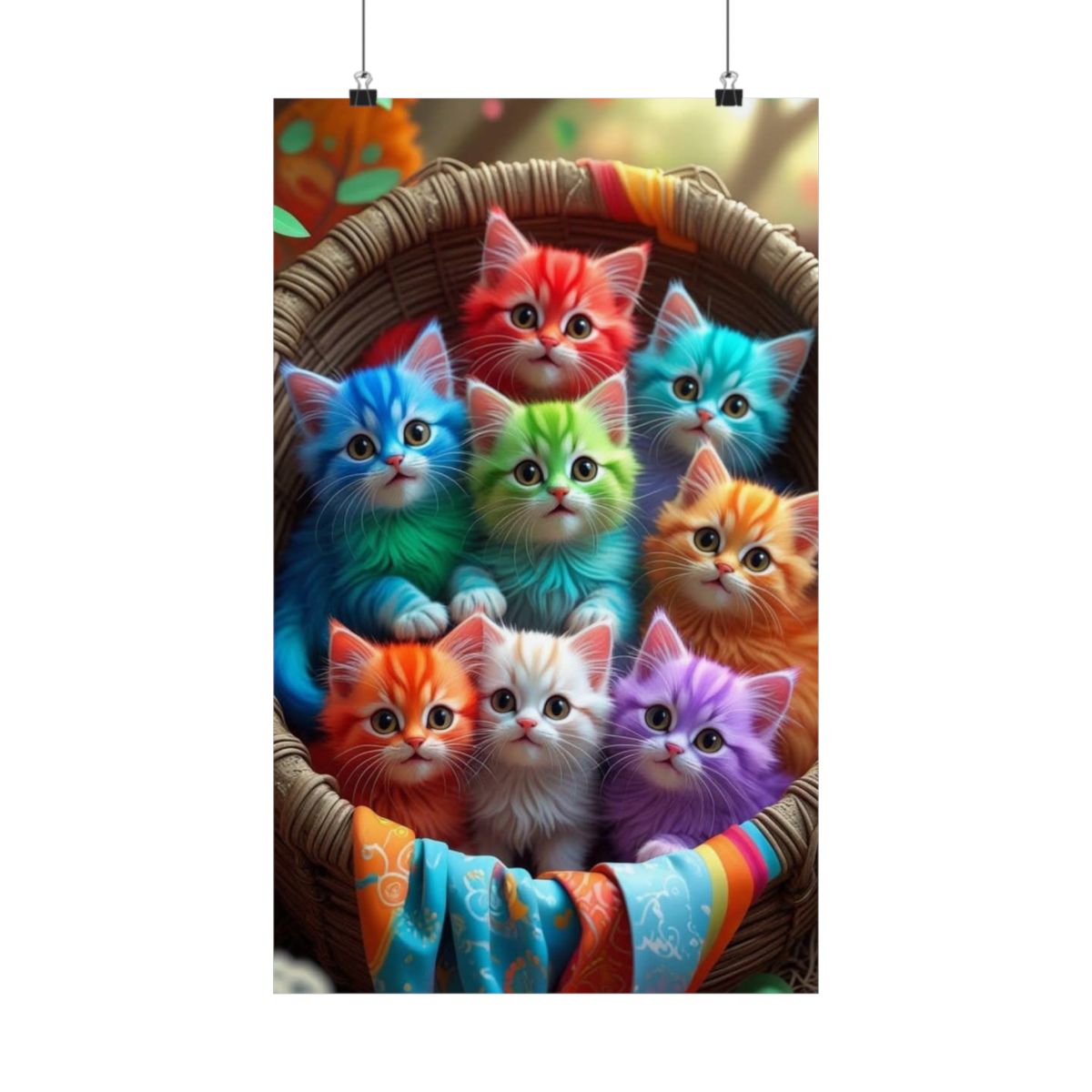 Rainbow Kittens Matte Vertical Poster | Colorful Cat Basket Wall Art