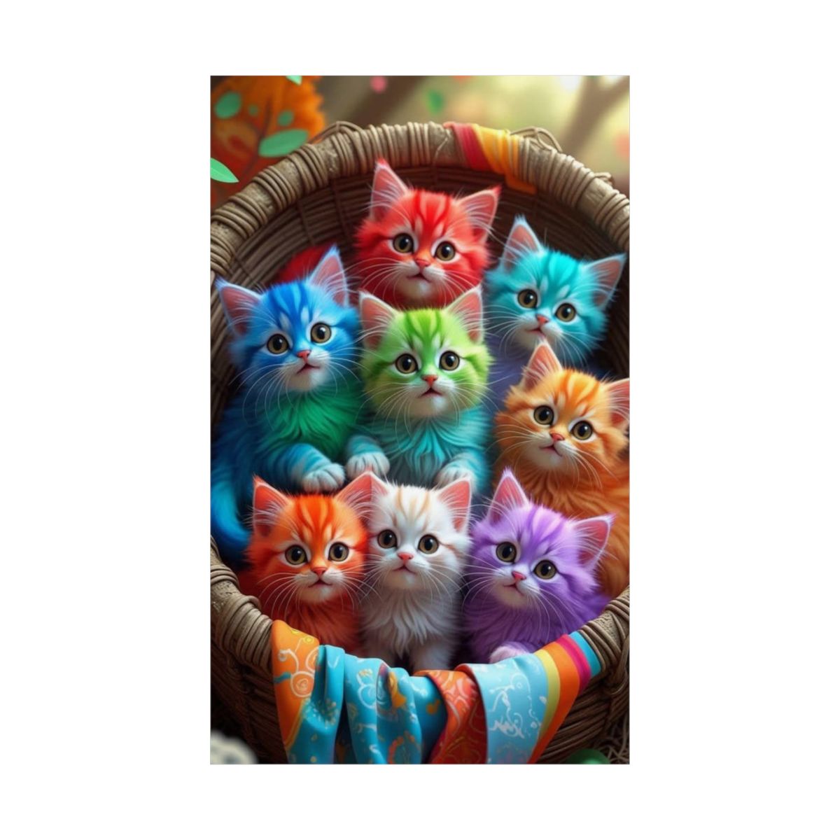 Rainbow Kittens Matte Vertical Poster | Colorful Cat Basket Wall Art