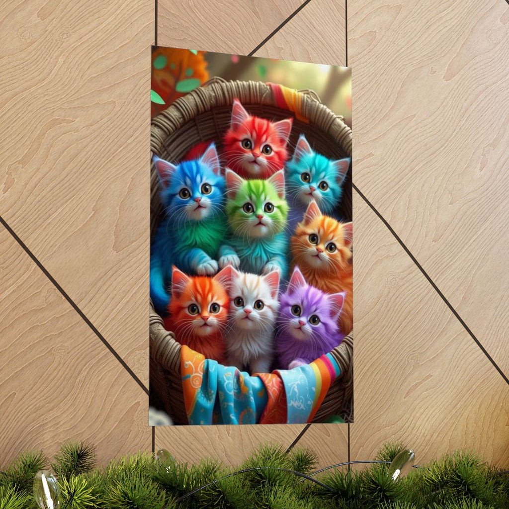 Rainbow Kittens Matte Vertical Poster | Colorful Cat Basket Wall Art