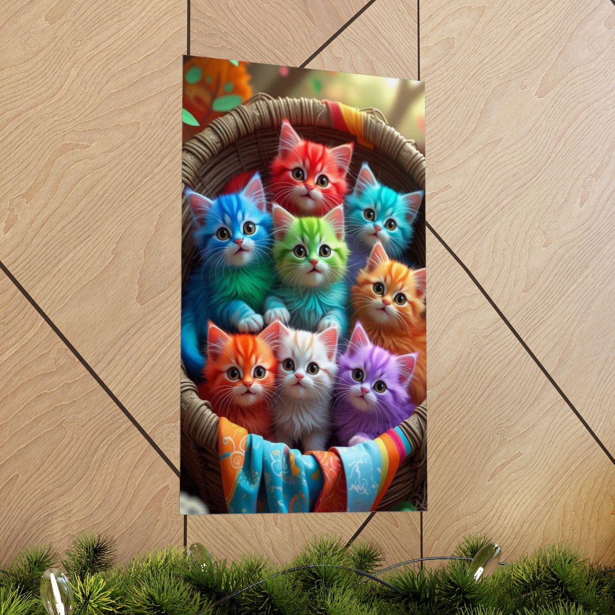 Rainbow Kittens Matte Vertical Poster | Colorful Cat Basket Wall Art