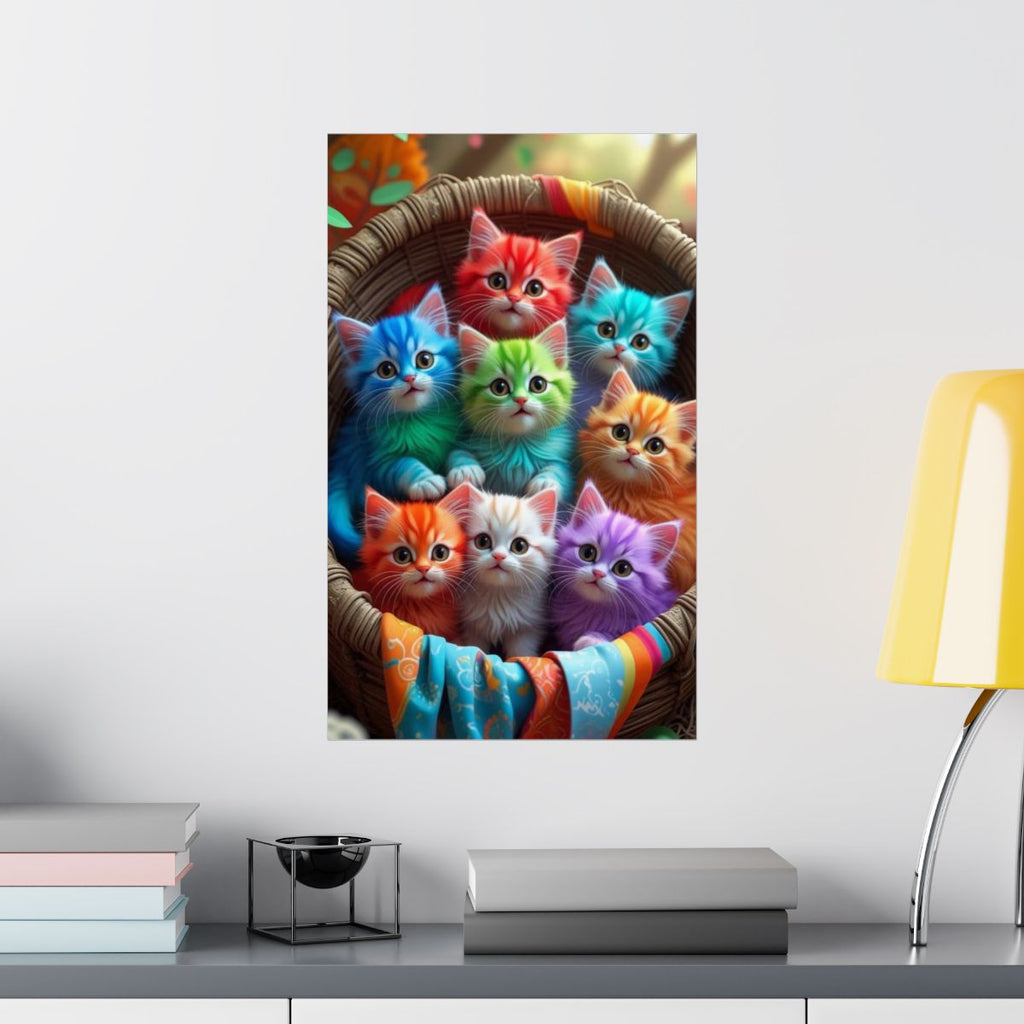 Rainbow Kittens Matte Vertical Poster | Colorful Cat Basket Wall Art