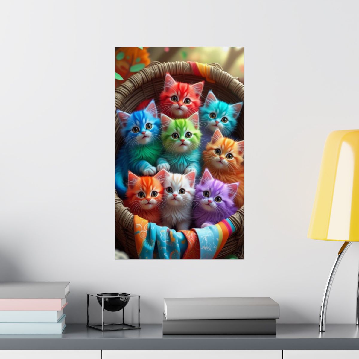 Rainbow Kittens Matte Vertical Poster | Colorful Cat Basket Wall Art