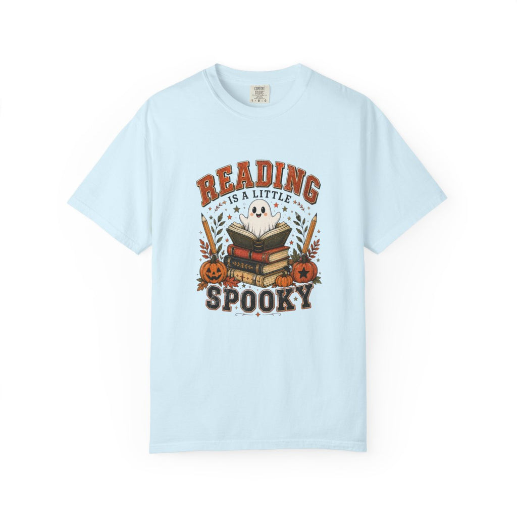 Reading Is a Little Spooky T-shirt | Halloween Ghost Books Pumpkin Design