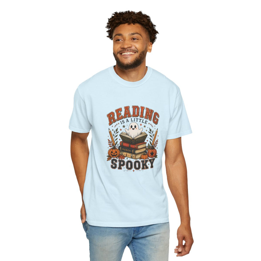 Reading Is a Little Spooky T-shirt | Halloween Ghost Books Pumpkin Design