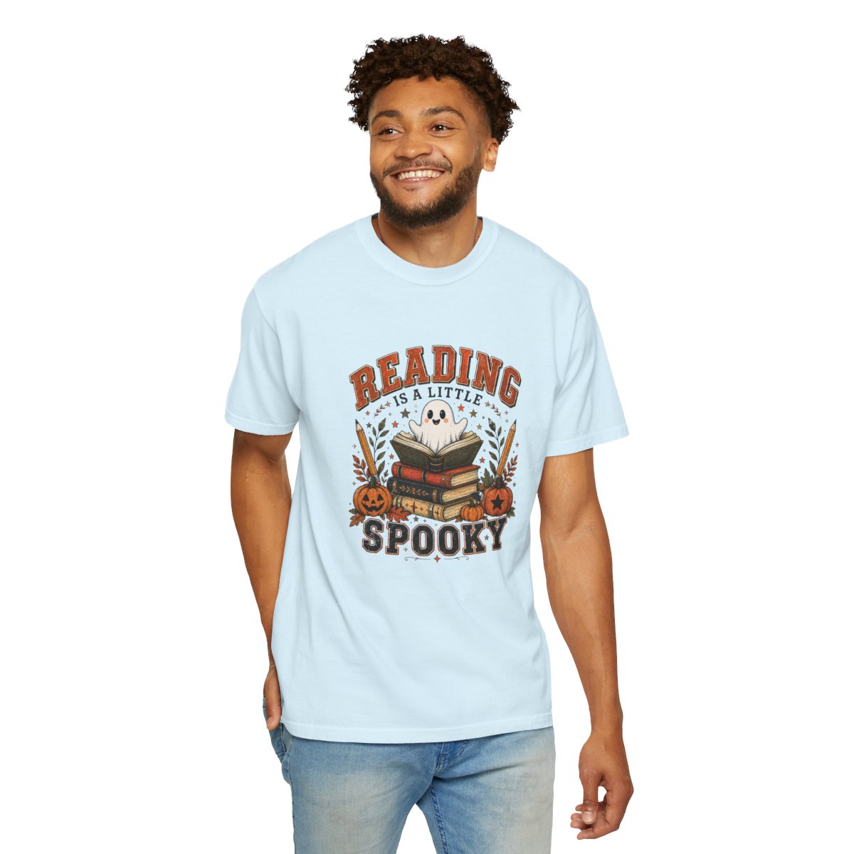 Reading Is a Little Spooky T-shirt | Halloween Ghost Books Pumpkin Design