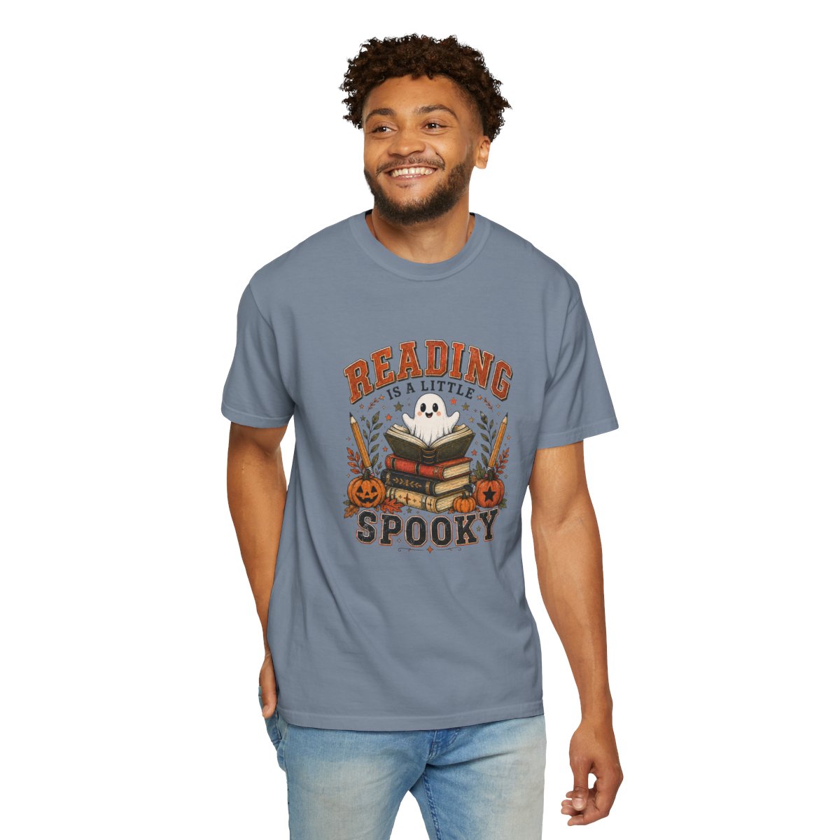 Reading Is a Little Spooky T-shirt | Halloween Ghost Books Pumpkin Design