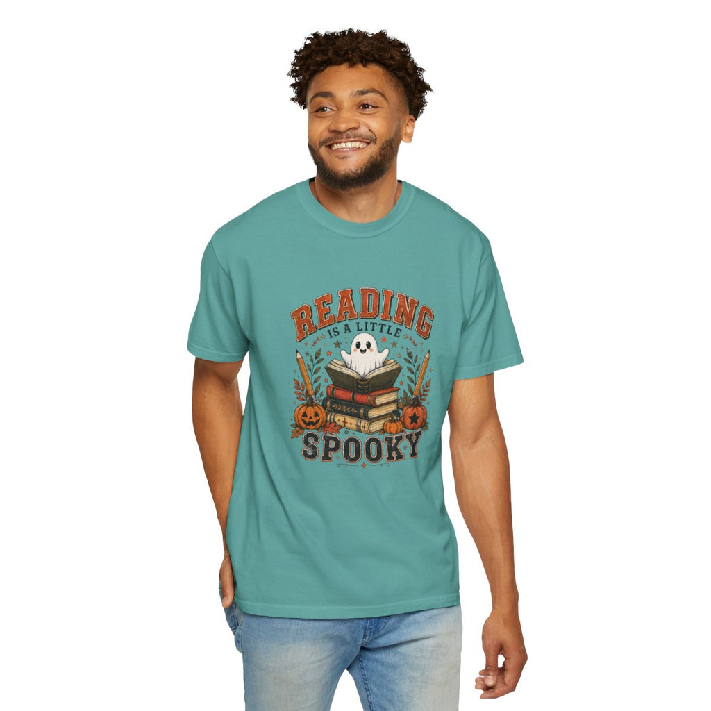 Reading Is a Little Spooky T-shirt | Halloween Ghost Books Pumpkin Design