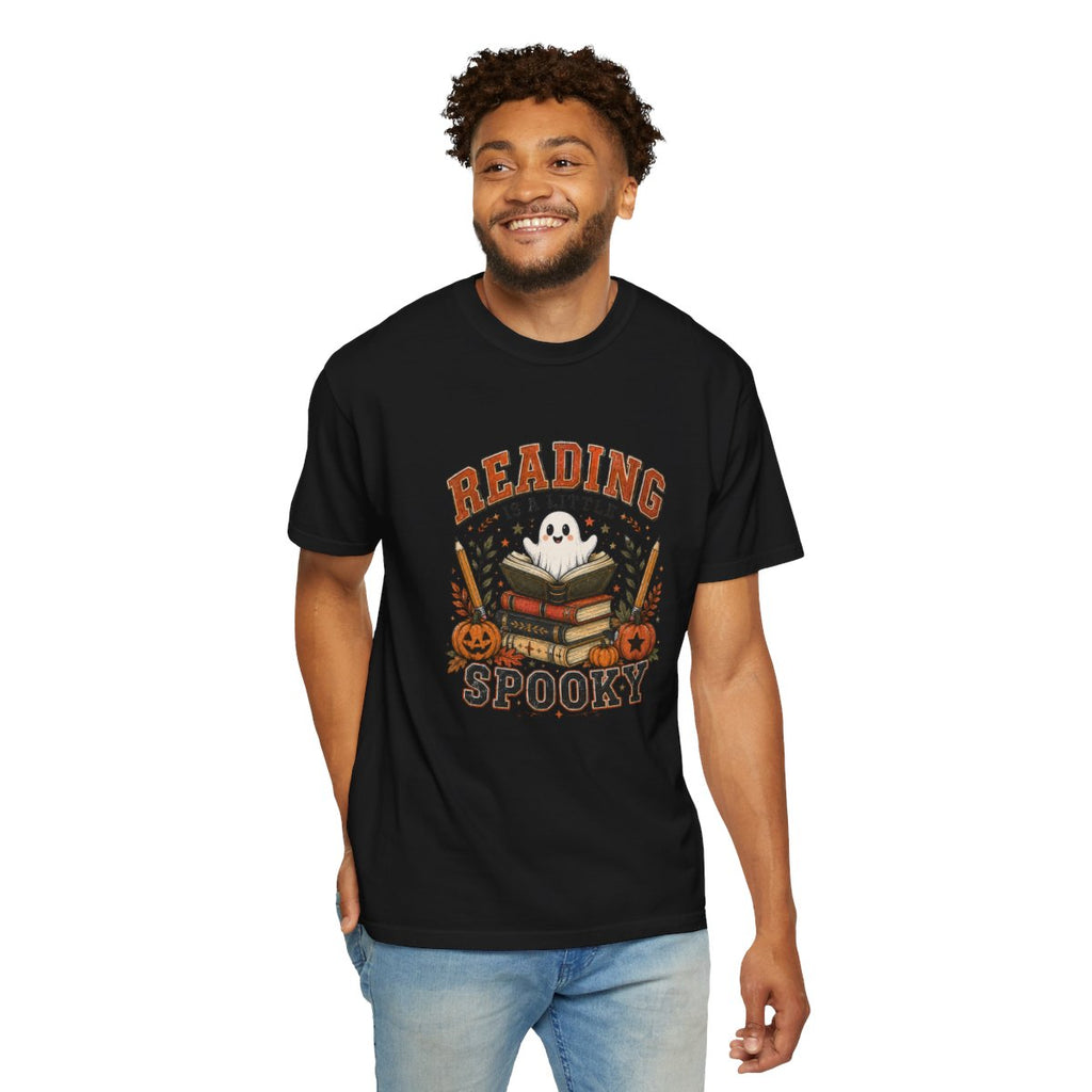 Reading Is a Little Spooky T-shirt | Halloween Ghost Books Pumpkin Design