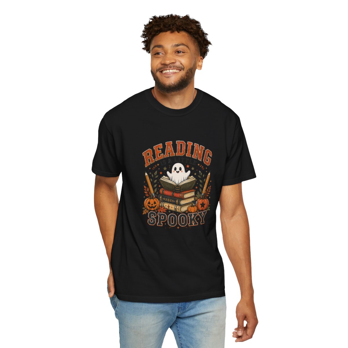 Reading Is a Little Spooky T-shirt | Halloween Ghost Books Pumpkin Design