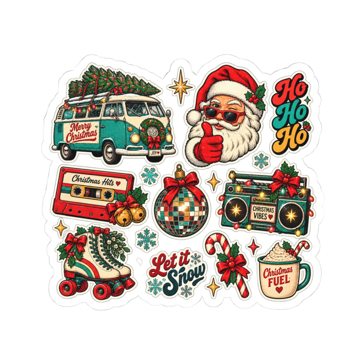 Retro Christmas Santa Stickers Kiss-Cut Sheet | Holiday Vinyl Decals