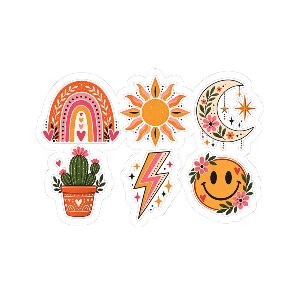 Retro Rainbow Sun Moon Smiley Cactus Sticker Set | Kiss-Cut Stickers