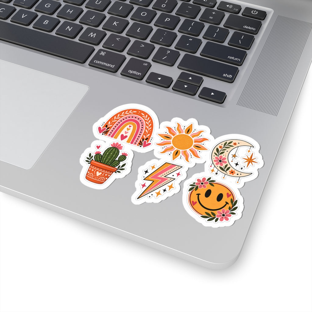 Retro Rainbow Sun Moon Smiley Cactus Sticker Set | Kiss-Cut Stickers