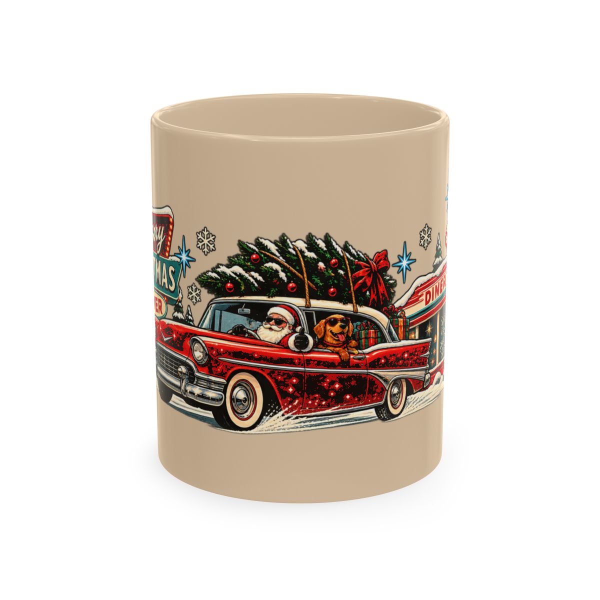 Retro Santa Car Christmas Mug | Vintage Diner Traditional Ceramic Mug (11oz, 15oz)