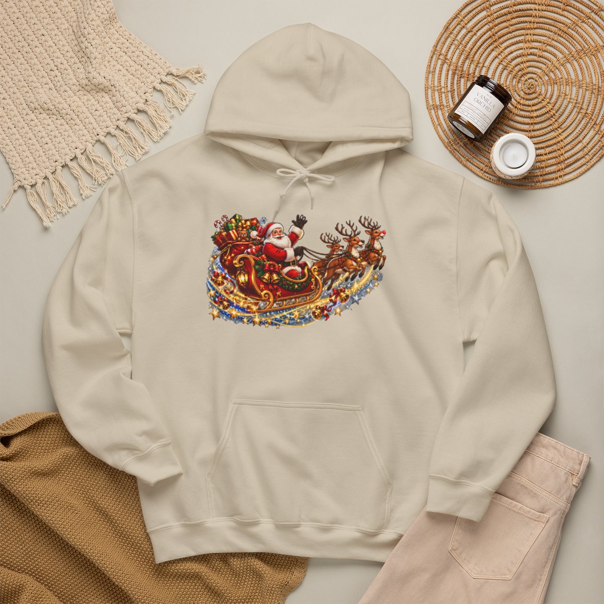 Santa Claus Sleigh with Reindeer Hoodie | Christmas Holiday Sweatshirt