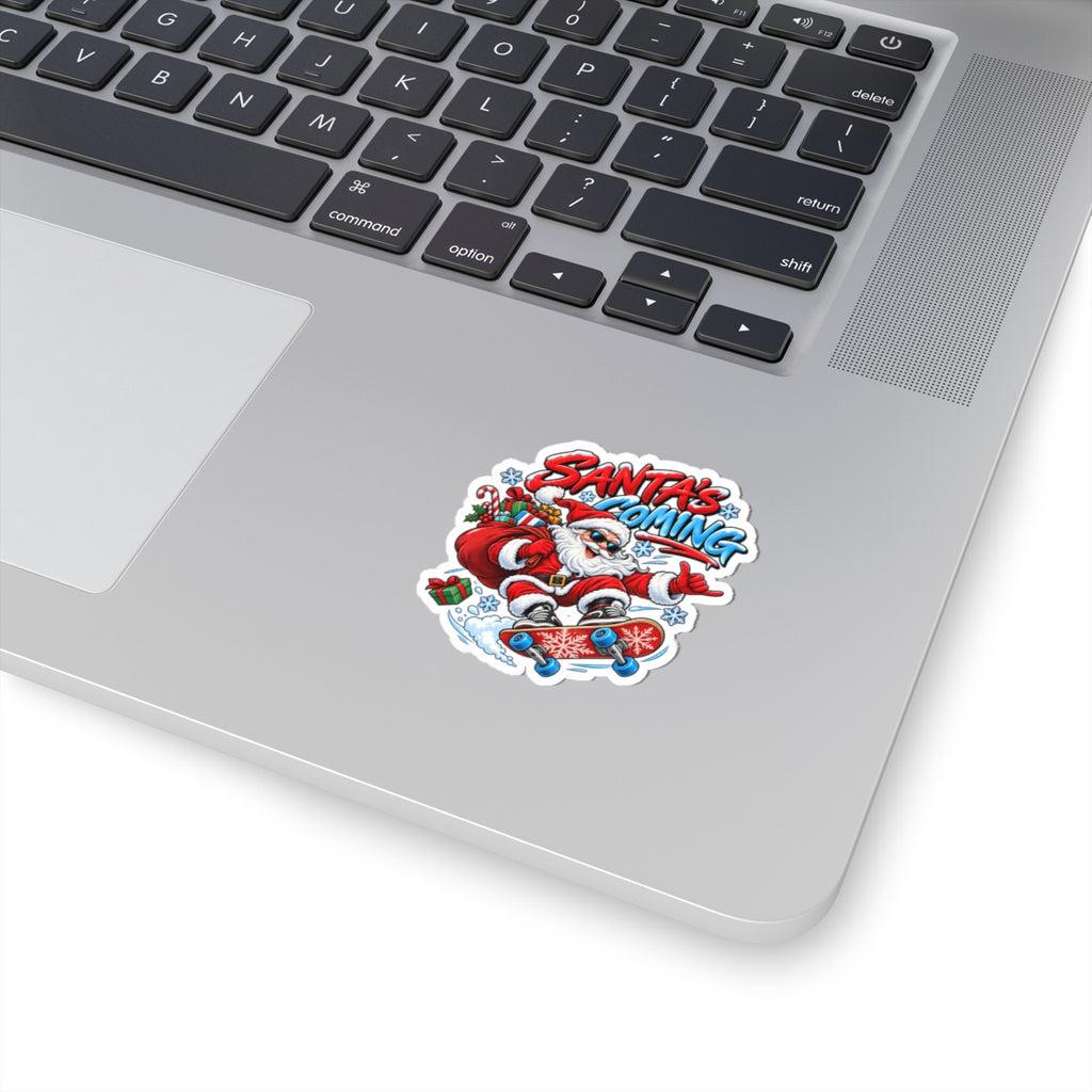 Santa's Coming Skateboard Santa Sticker | Christmas Kiss-Cut Sticker