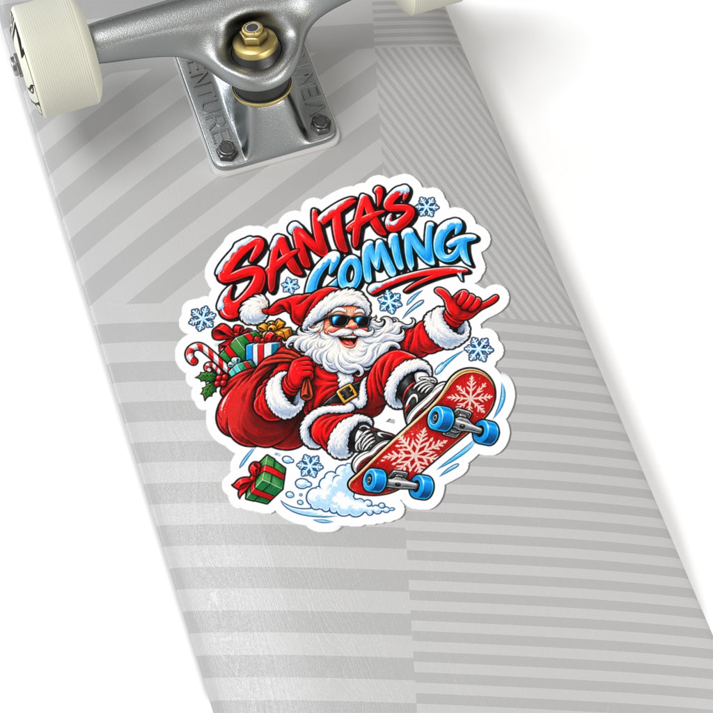 Santa's Coming Skateboard Santa Sticker | Christmas Kiss-Cut Sticker